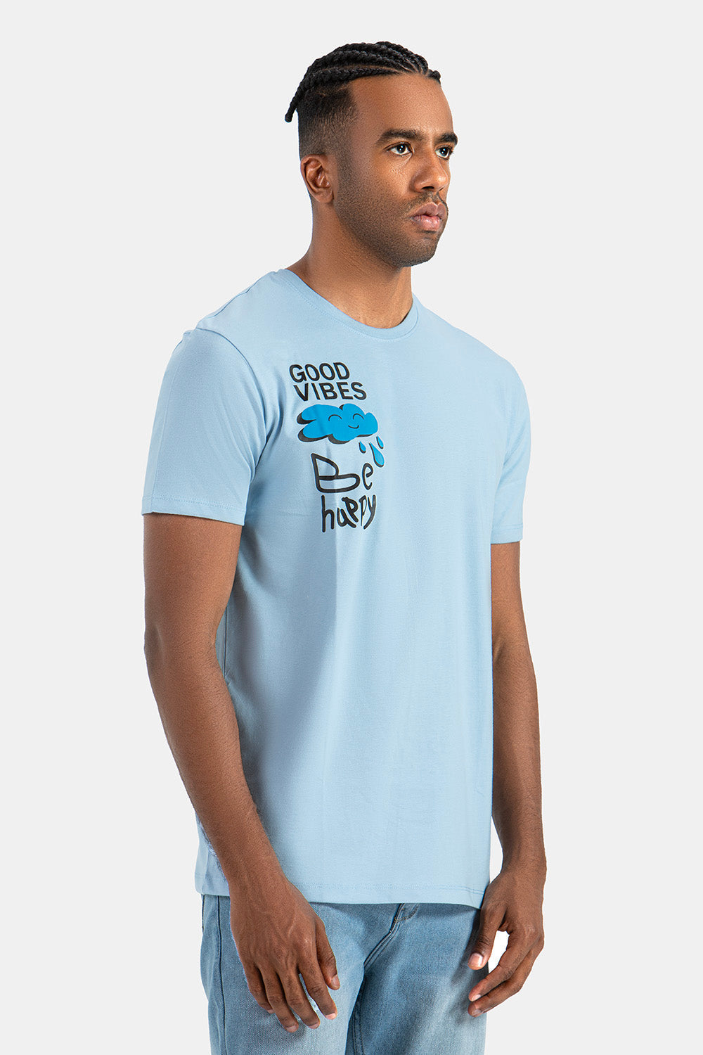 Sky Blue Printed Crew Neck T-Shirt