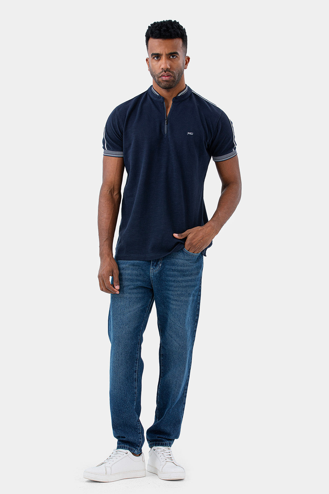 Navy Mandarin Collar Polo Shirt