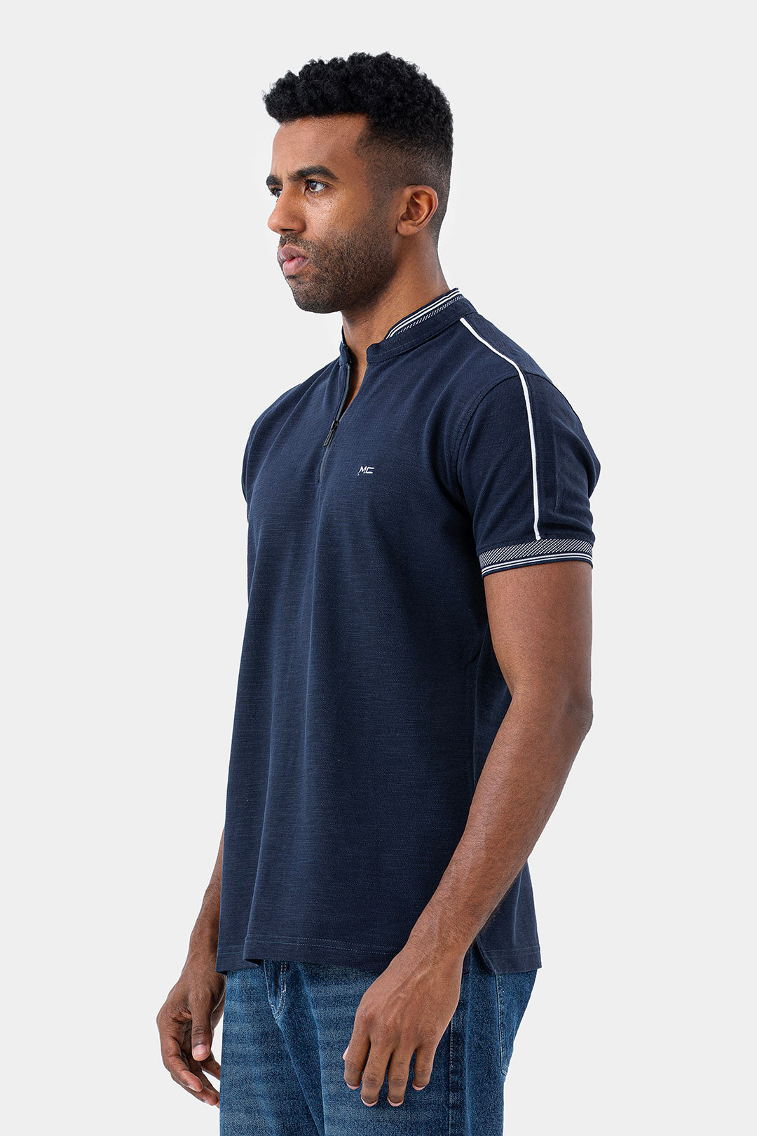 Navy Mandarin Collar Polo Shirt