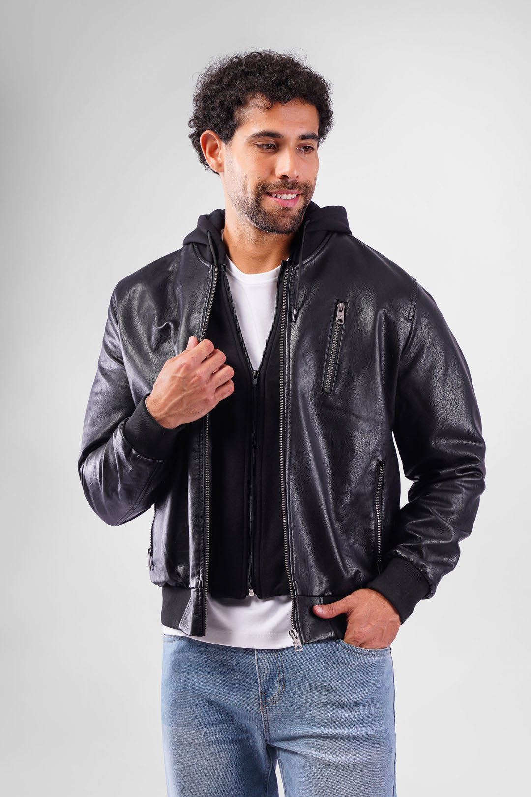 Slim Fit Hoodie Leather Jacket