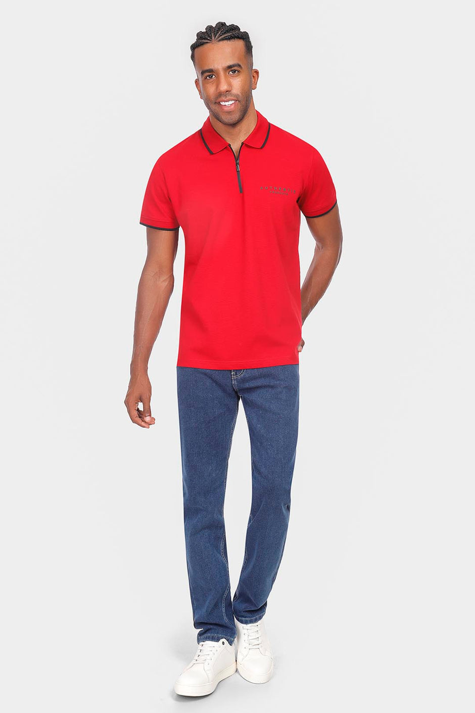 red zipper polo shirt