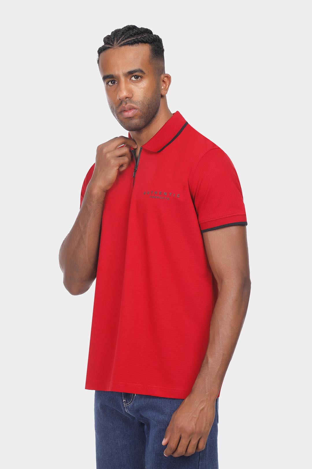 red zipper polo shirt