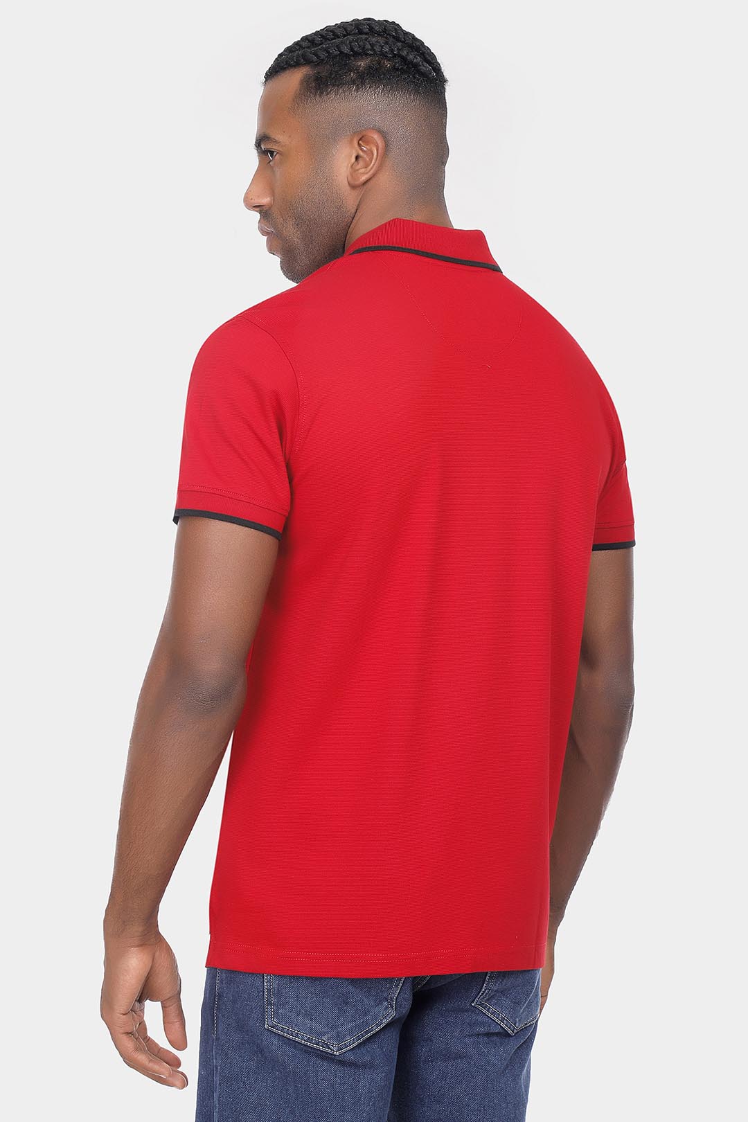 red zipper polo shirt