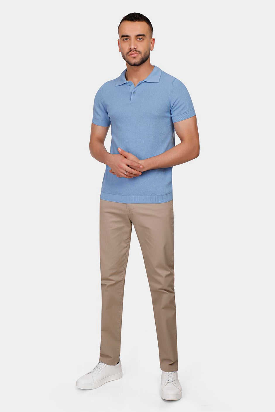 sky blue knitted polo shirt