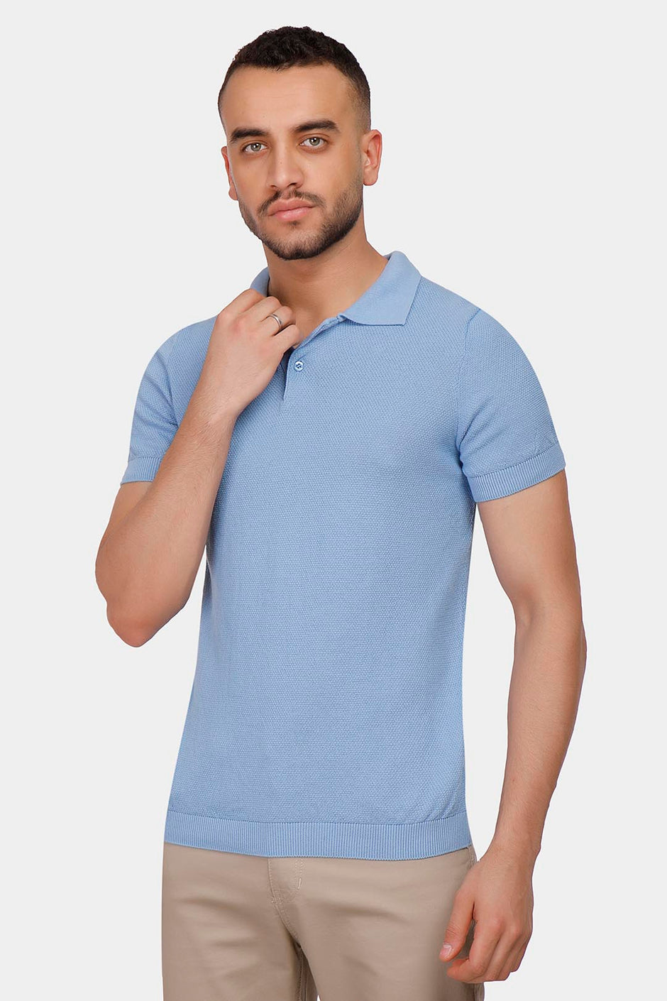 sky blue knitted polo shirt