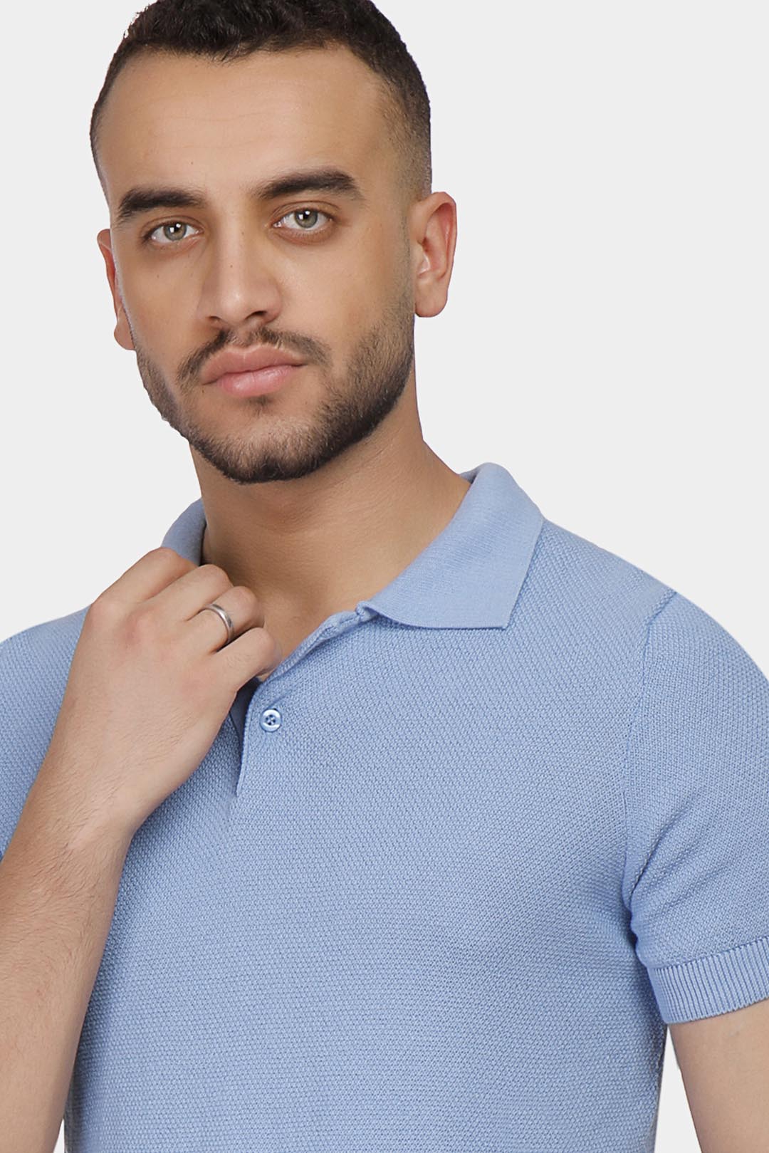 sky blue knitted polo shirt