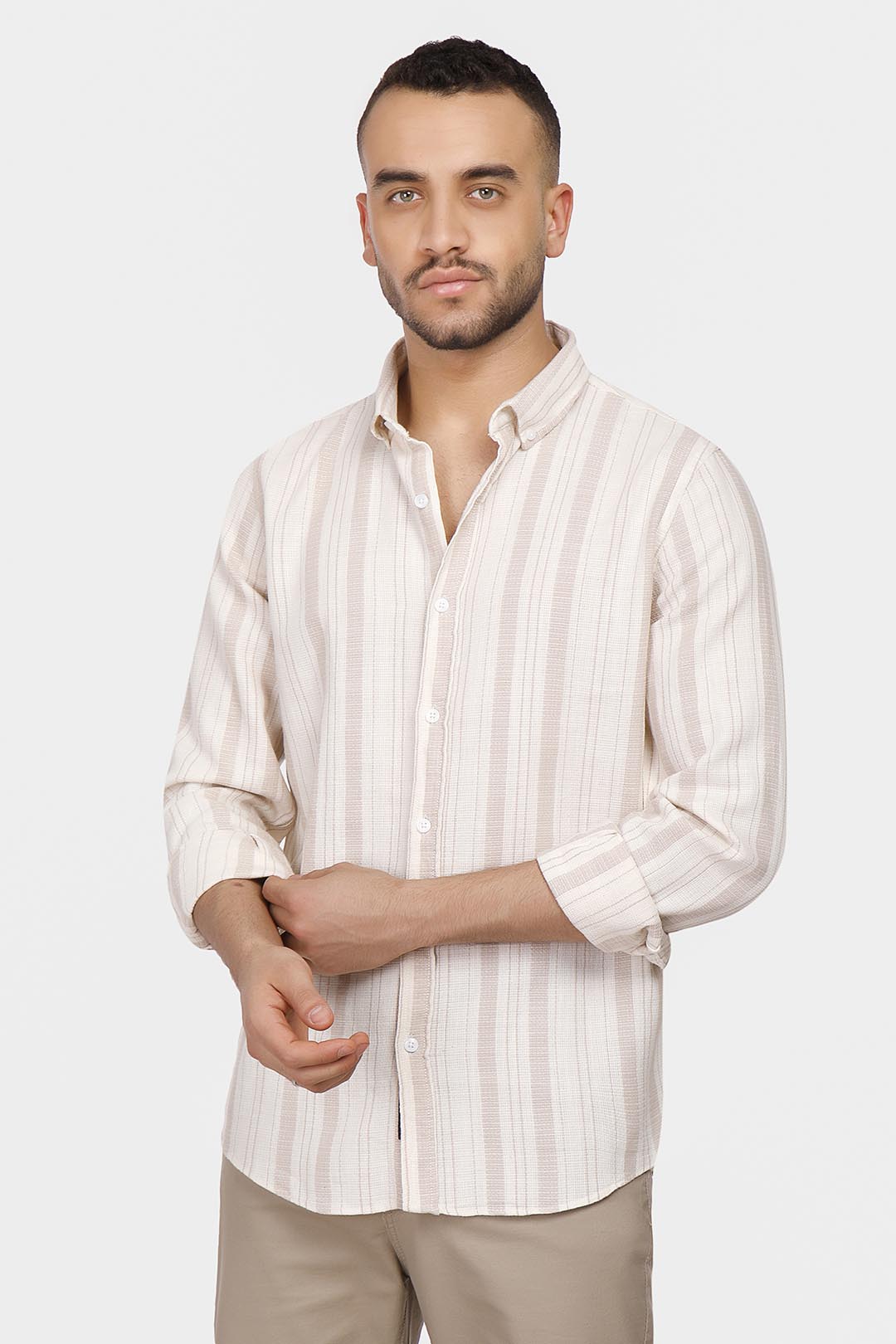 beige striped slim fit shirt