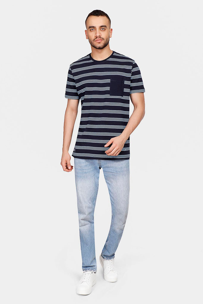 navy striped crew neck t-shirt