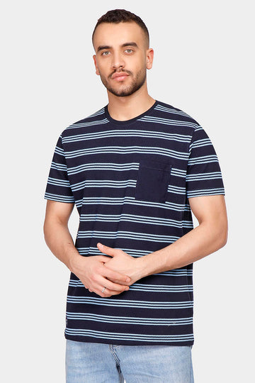 navy striped crew neck t-shirt