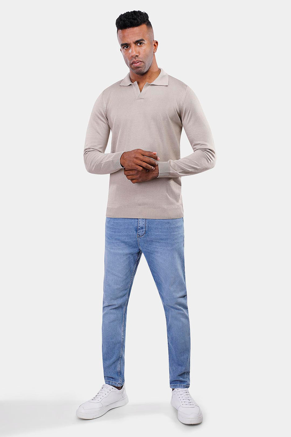 Beige Long Sleeve Polo Knitted Pullover