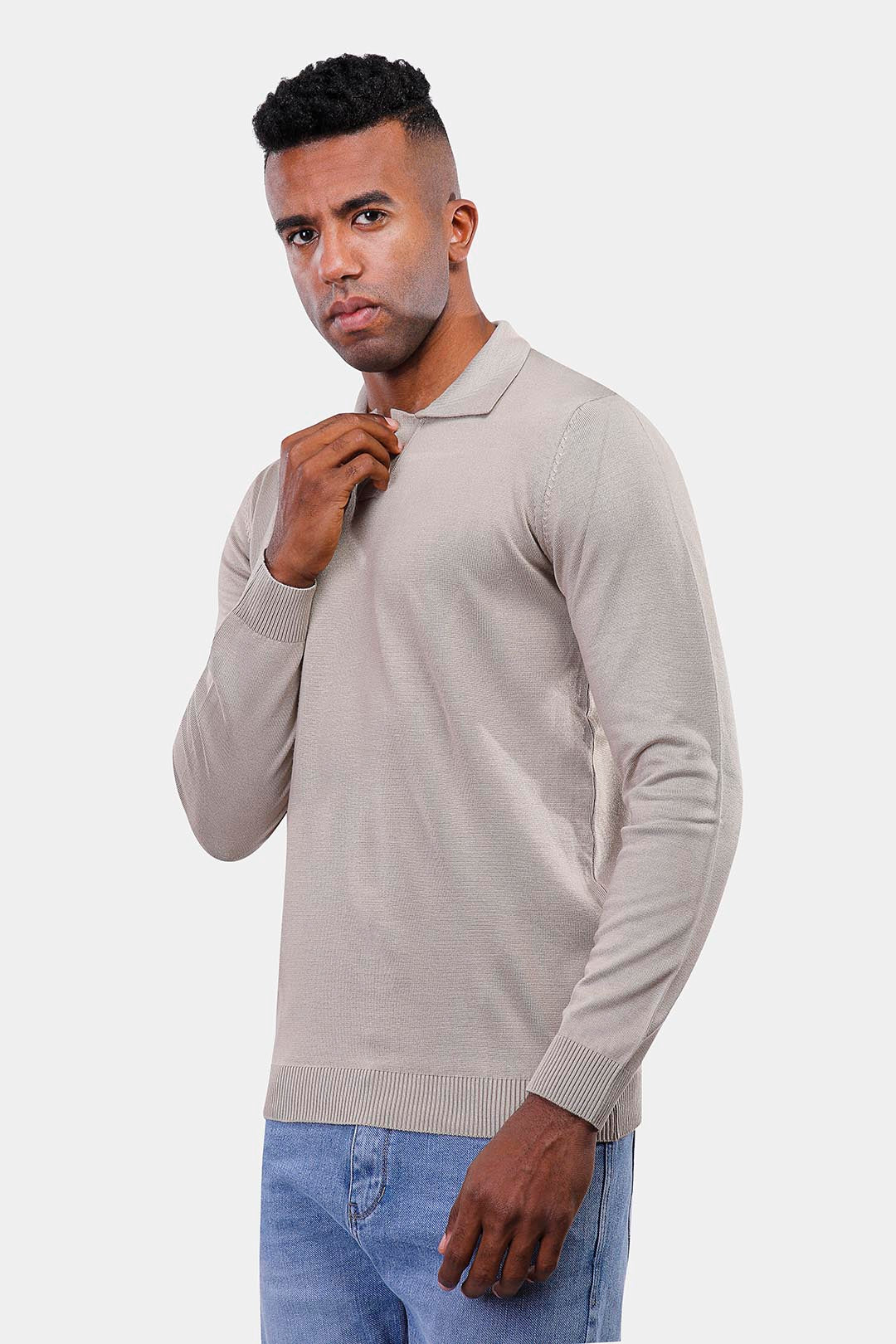 Beige Long Sleeve Polo Knitted Pullover