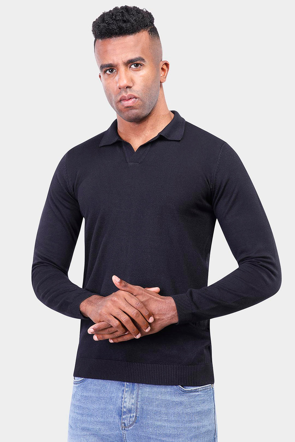 Black Long Sleeve Polo Knitted Pullover