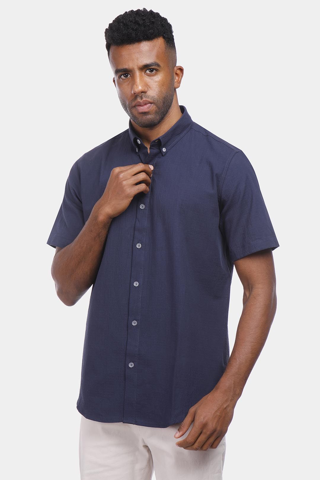 navy blue short sleeve slim fit shirt