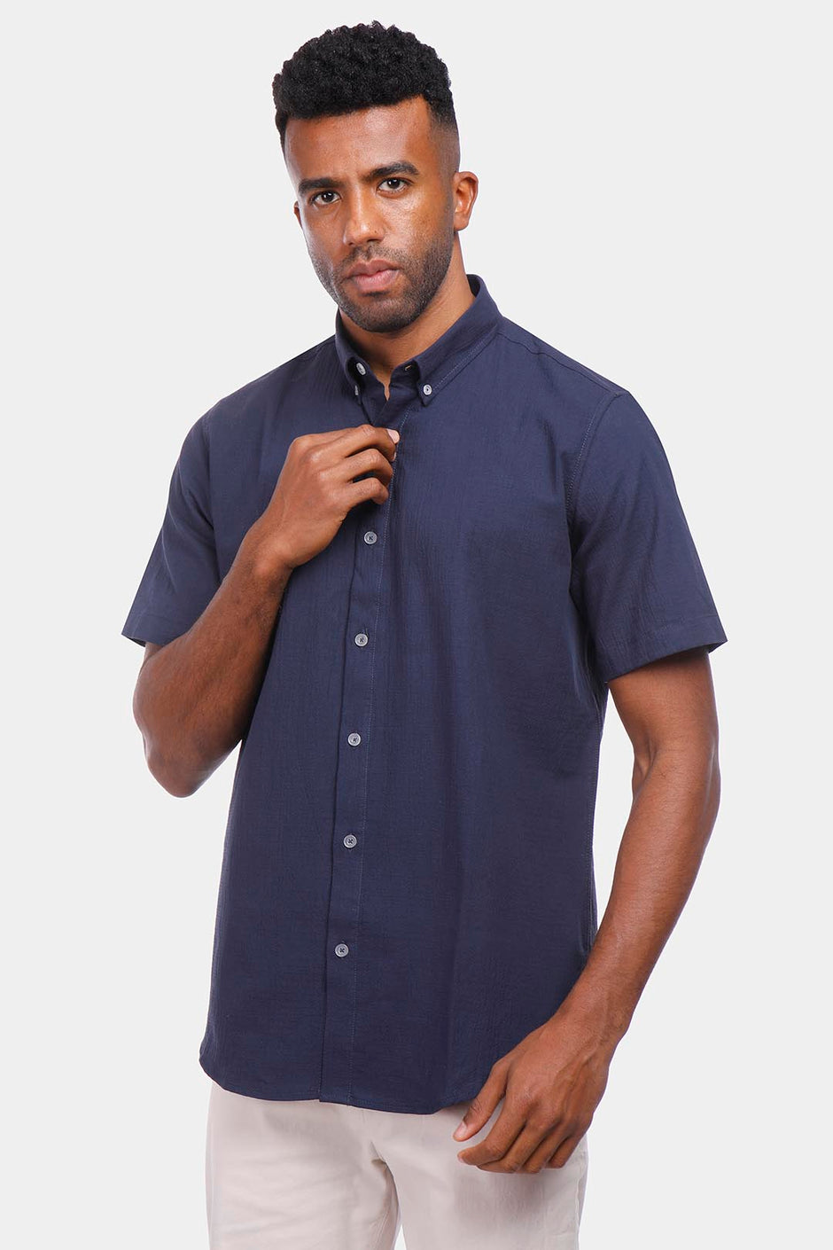 navy blue short sleeve slim fit shirt