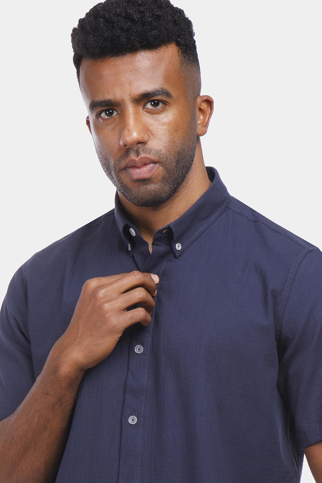 navy blue short sleeve slim fit shirt