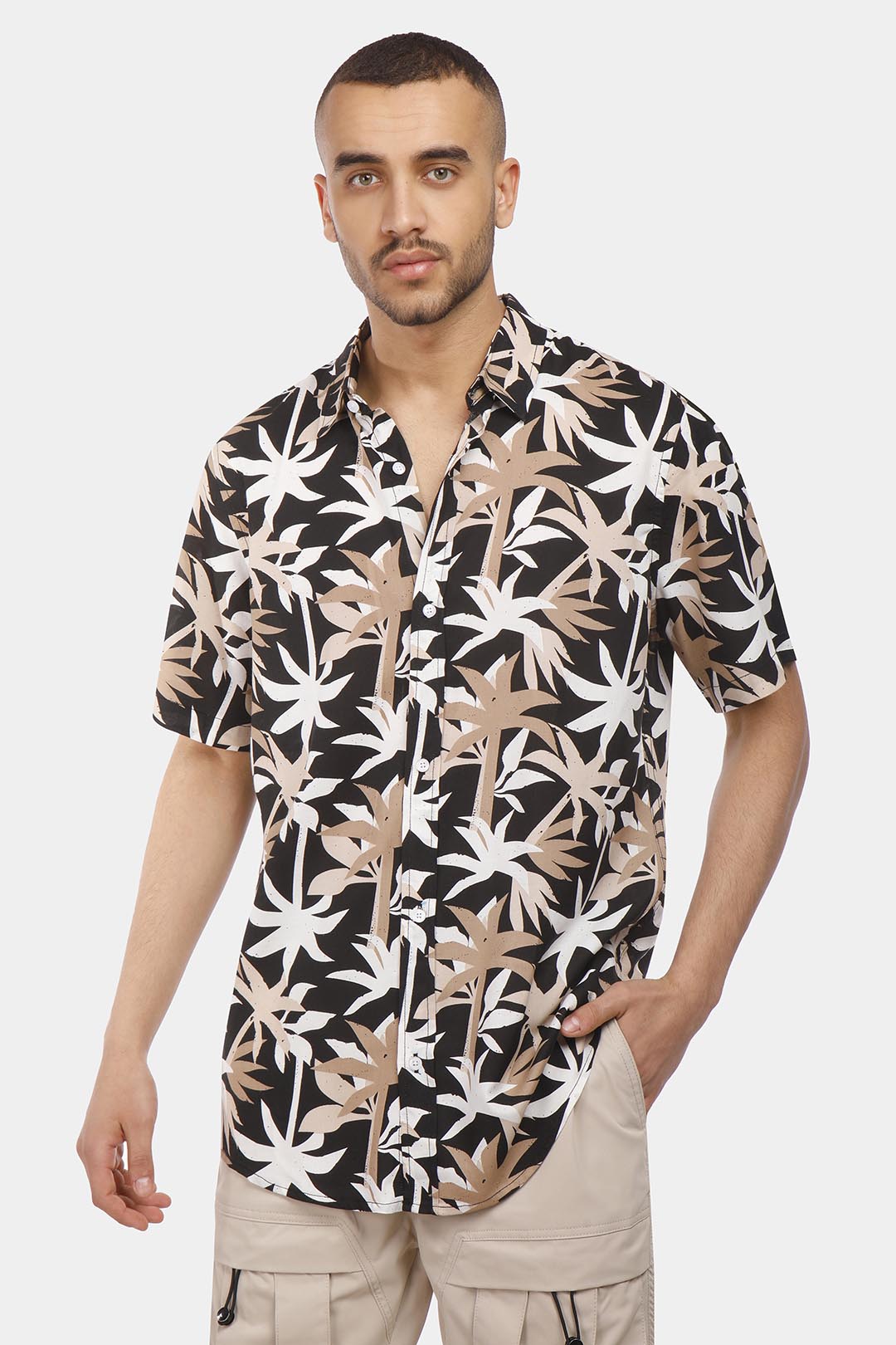 Black Short Sleeve Slim Fit Floral Shirt