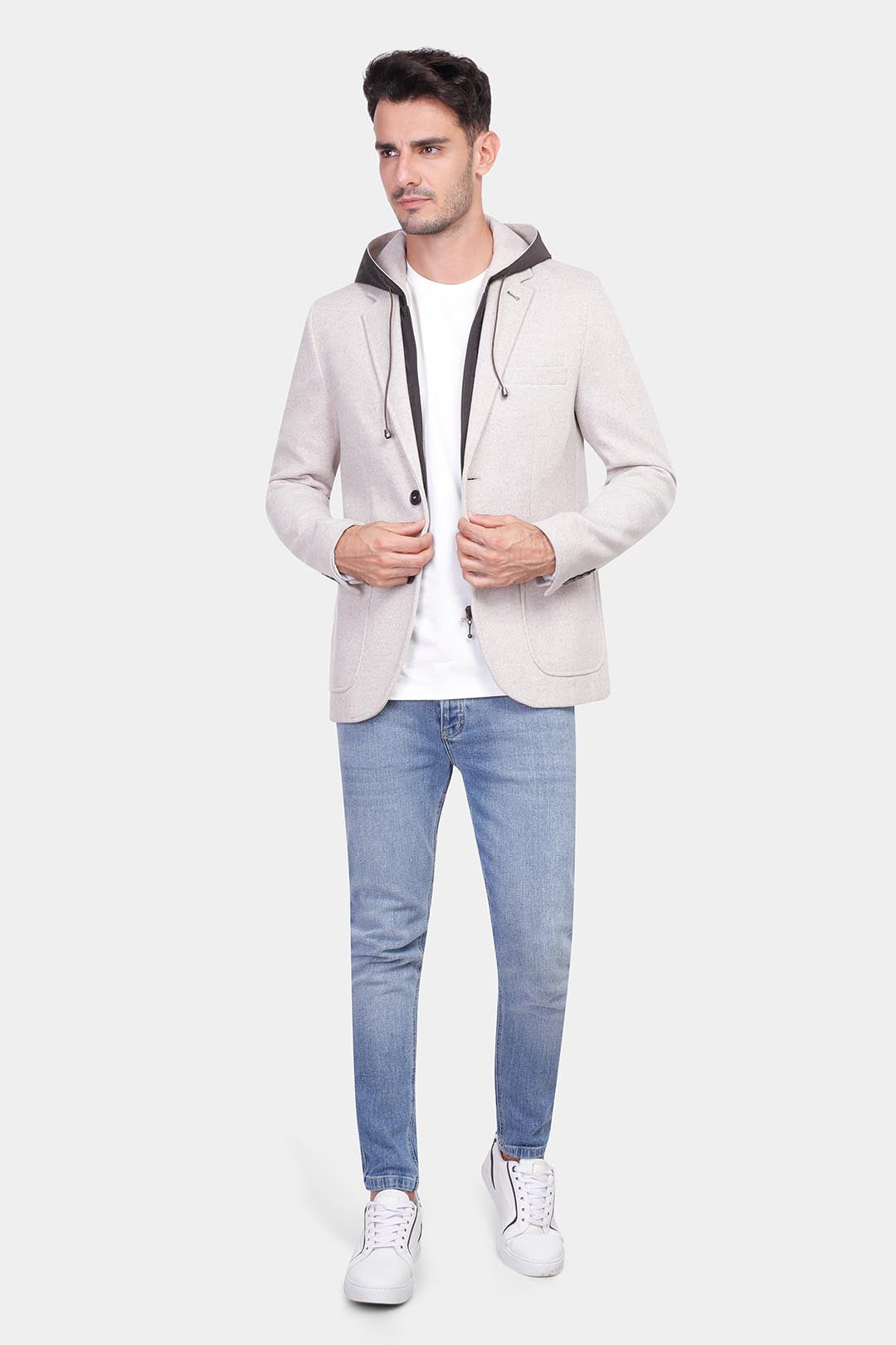 Beige Slim Fit Hoodie Blazer