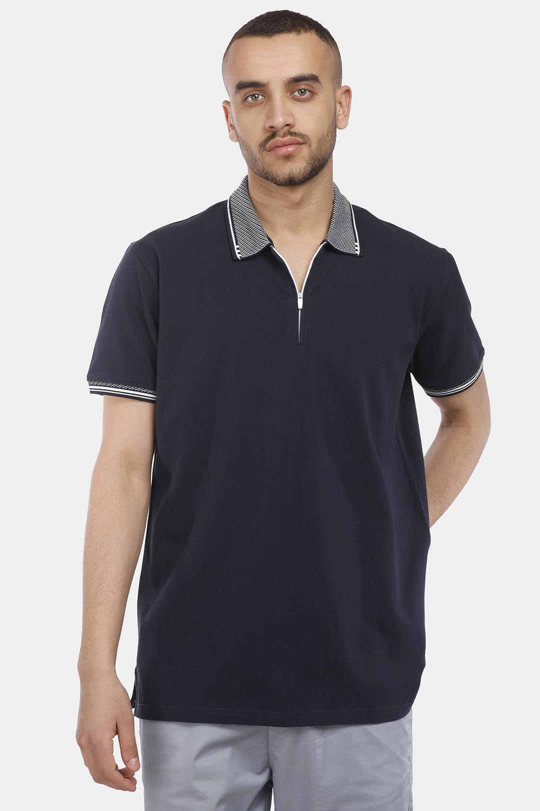 navy zipper polo shirt