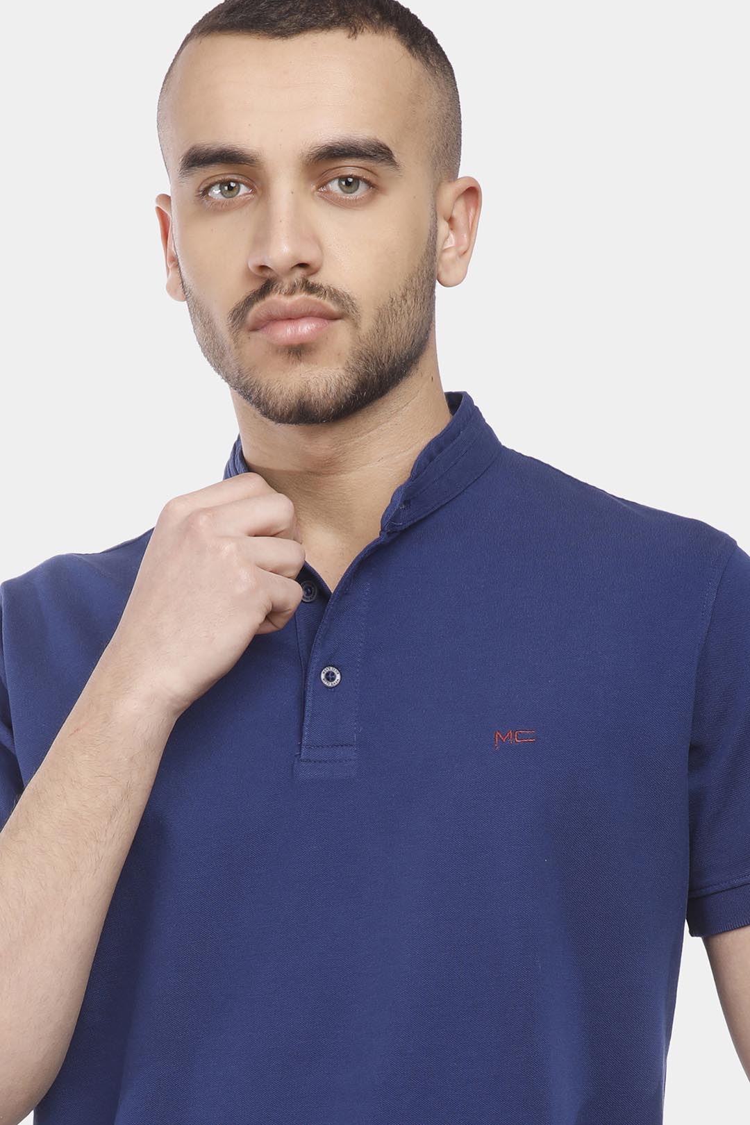 navy mandarin collar polo shirt