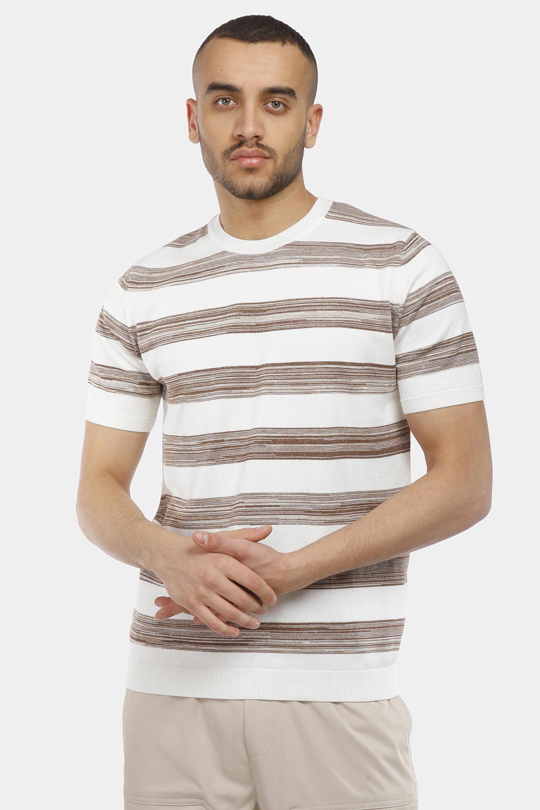 Beige Crew Neck Knitted T-Shirt