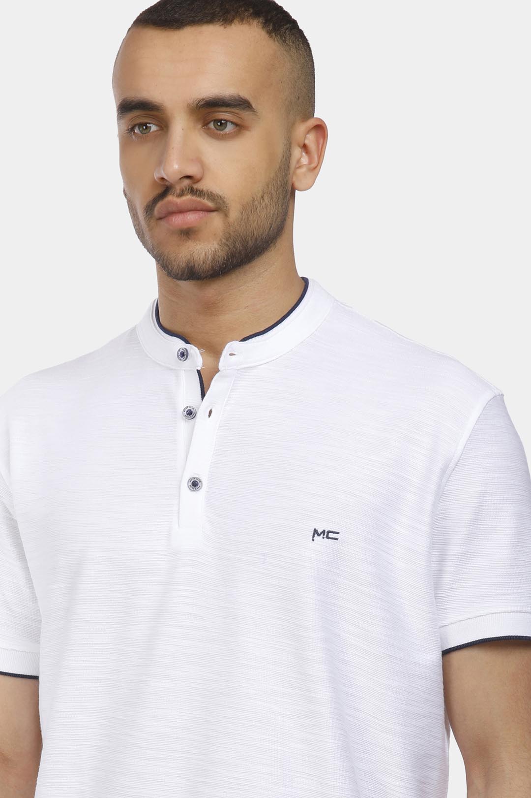 white mandarin collar polo shirt