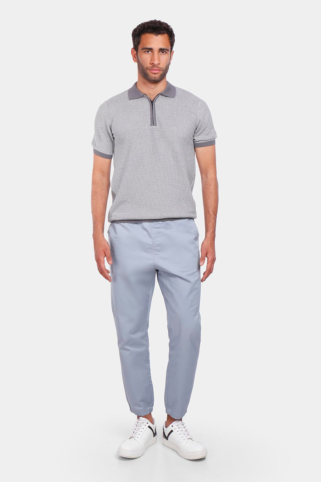 grey knitted zipper polo shirt