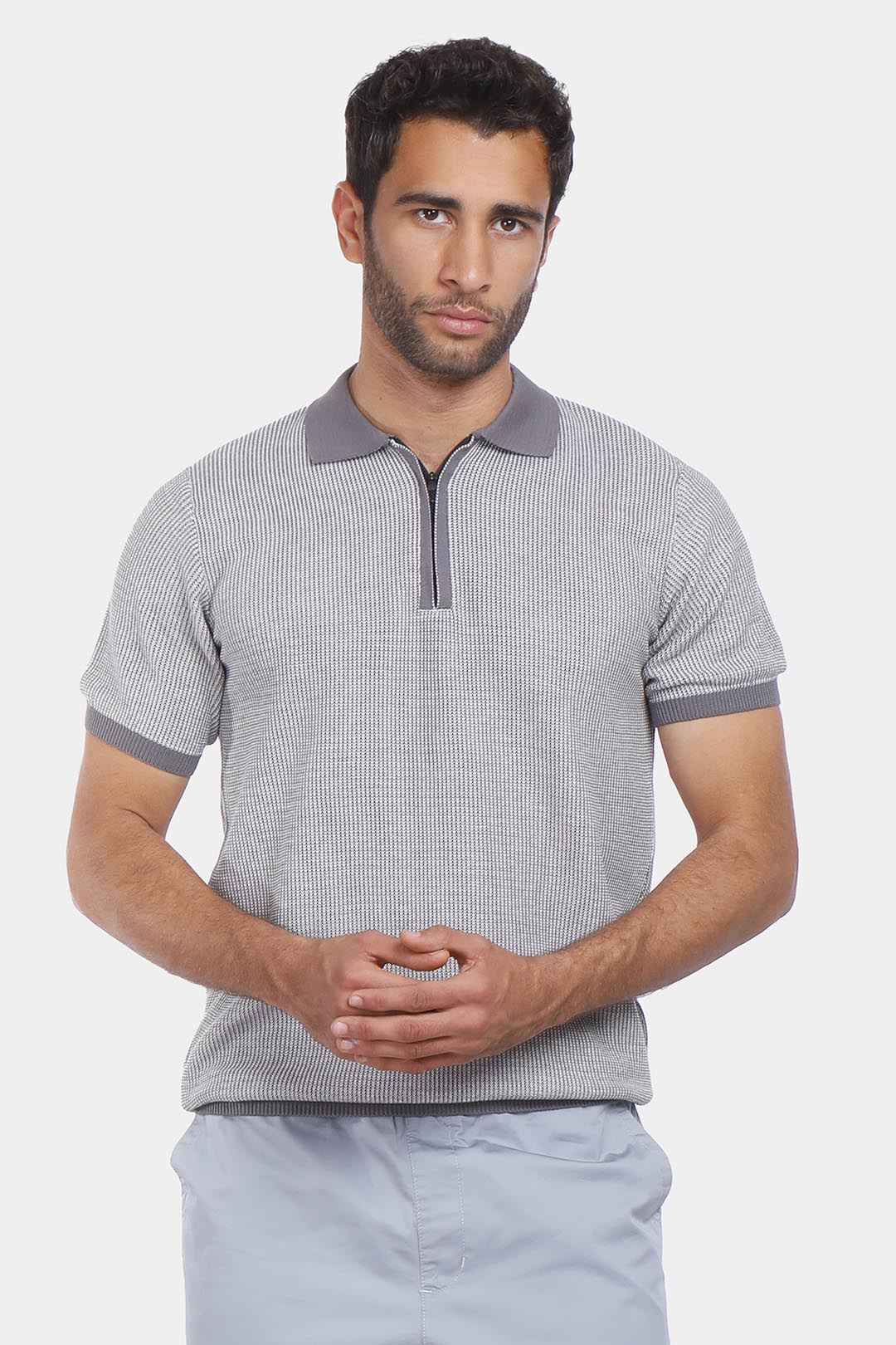 grey knitted zipper polo shirt