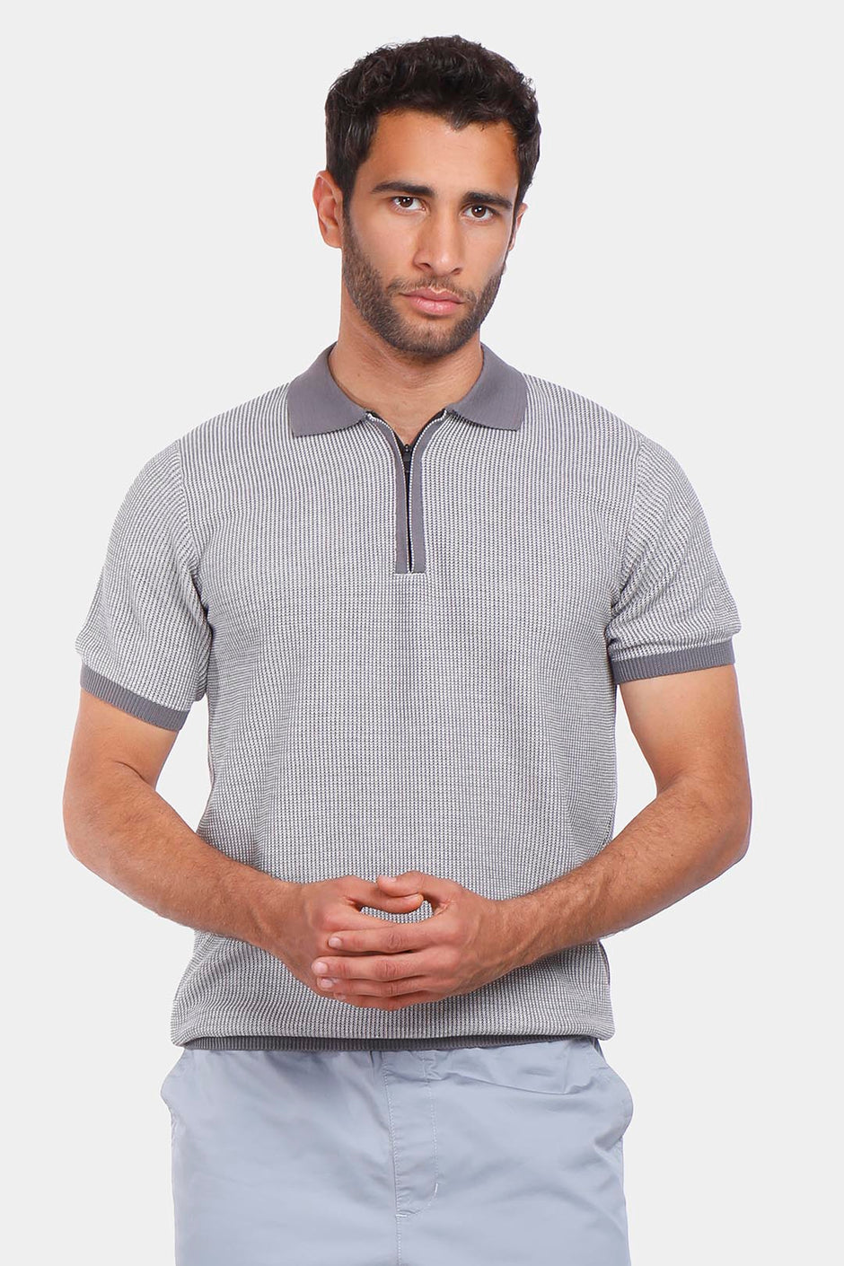 grey knitted zipper polo shirt