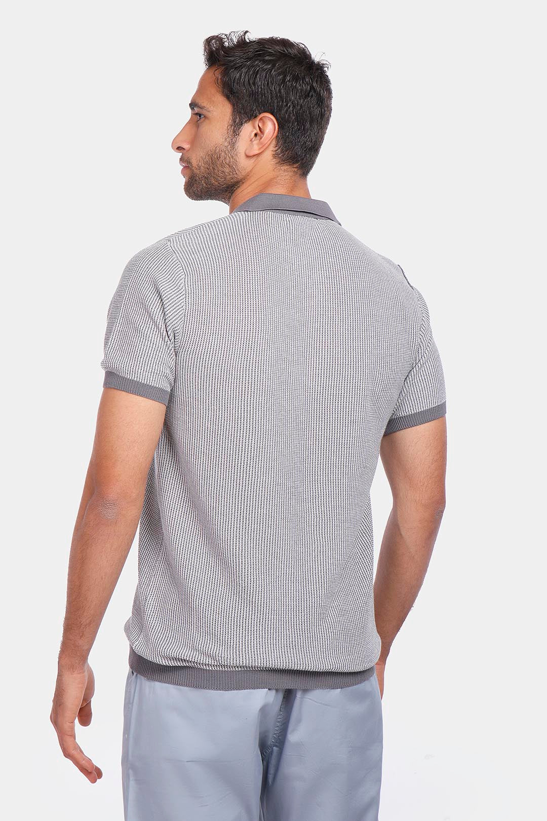 grey knitted zipper polo shirt