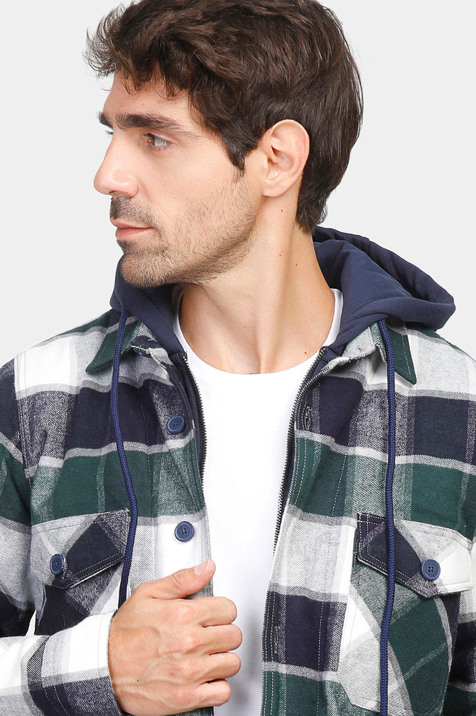 Navy Checked Hoodie Overshirt