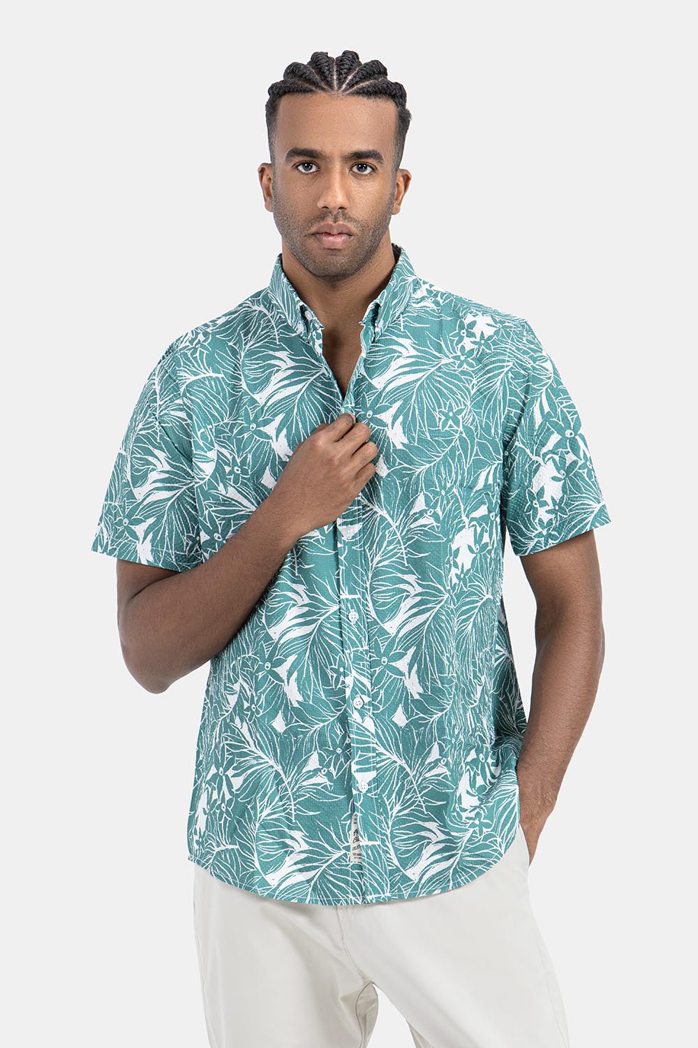 Green Patterned Short Sleeve Slim Fit Shirt