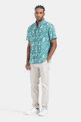 Green Patterned Short Sleeve Slim Fit Shirt