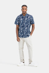 Navy Patterned Short Sleeve Slim Fit Shirt