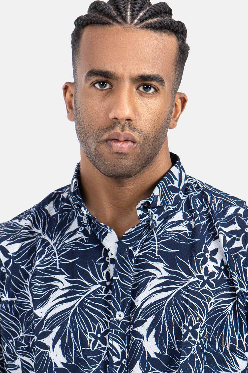 Navy Patterned Short Sleeve Slim Fit Shirt