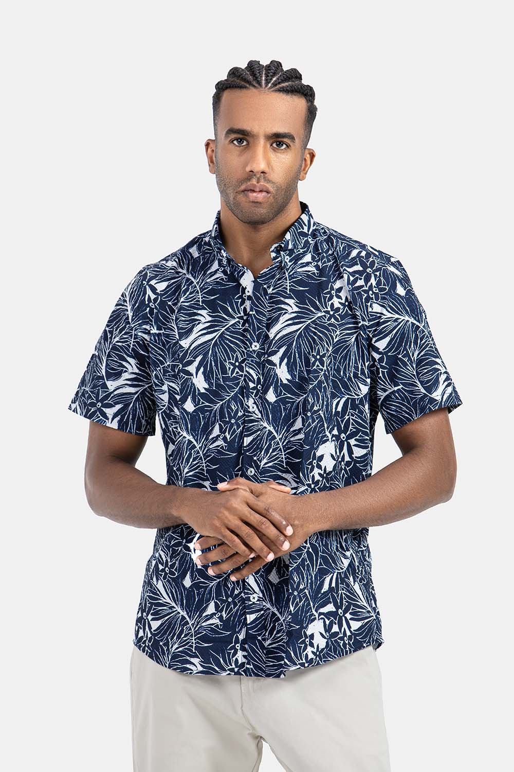 Navy Patterned Short Sleeve Slim Fit Shirt