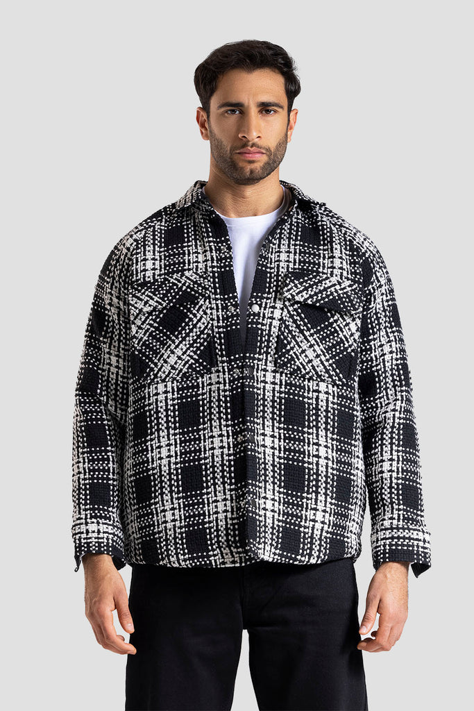 Black Checked Over Size Shirt Jacket