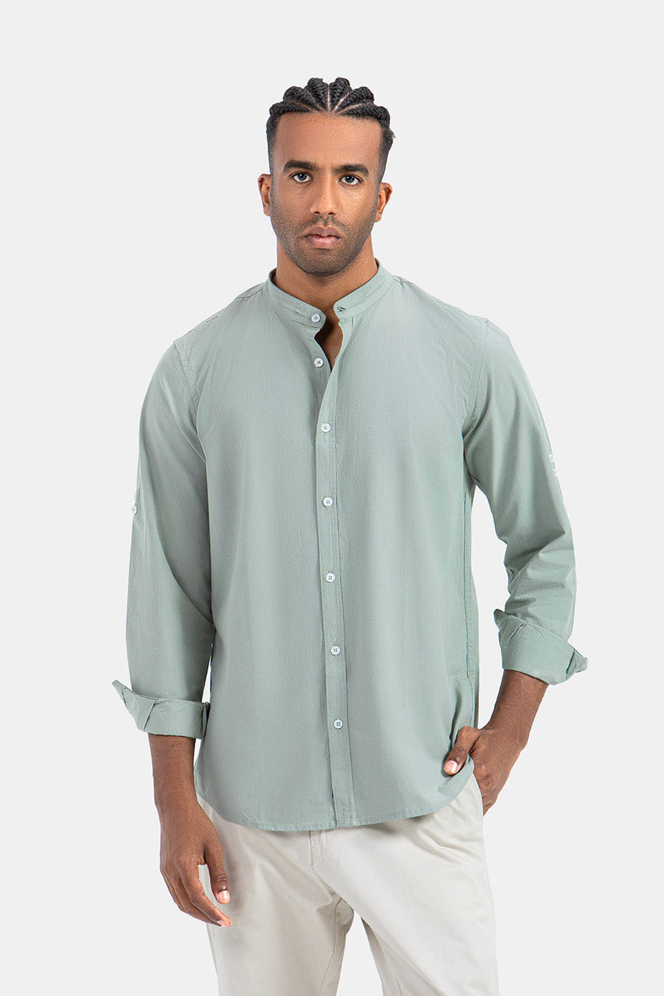 shirt-mint-mandarin collar-slim-fit